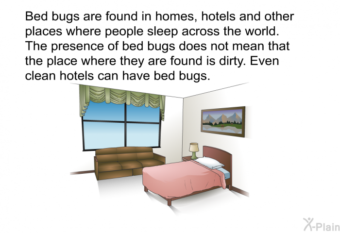 Bed bugs are found in homes, hotels and other places where people sleep across the world. The presence of bed bugs does not mean that the place where they are found is dirty. Even clean hotels can have bed bugs.