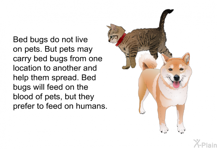 Bed bugs do not live on pets. But pets may carry bed bugs from one location to another and help them spread. Bed bugs will feed on the blood of pets, but they prefer to feed on humans.