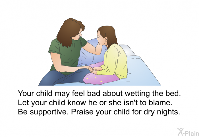 Your child may feel bad about wetting the bed. Let your child know he or she isn't to blame. Be supportive. Praise your child for dry nights.