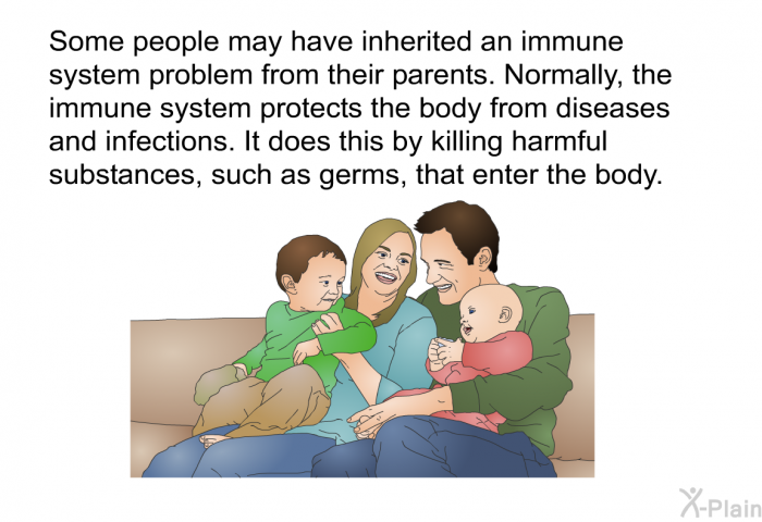 Some people may have inherited an immune system problem from their parents. Normally, the immune system protects the body from diseases and infections. It does this by killing harmful substances, such as germs, that enter the body.