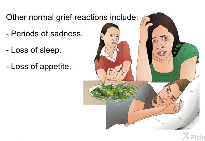 Other normal grief reactions include:  Periods of sadness. Loss of sleep. Loss of appetite.