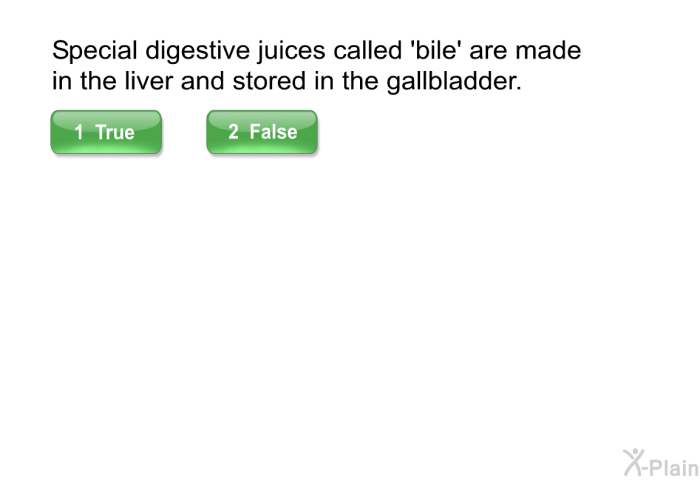 Special digestive juices called  bile' are made in the liver and stored in the gallbladder.