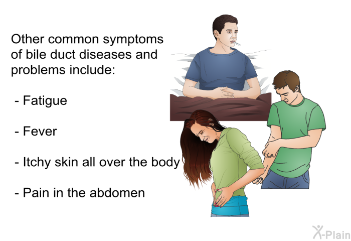 Other common symptoms of bile duct diseases and problems include:  Fatigue Fever Itchy skin all over the body Pain in the abdomen