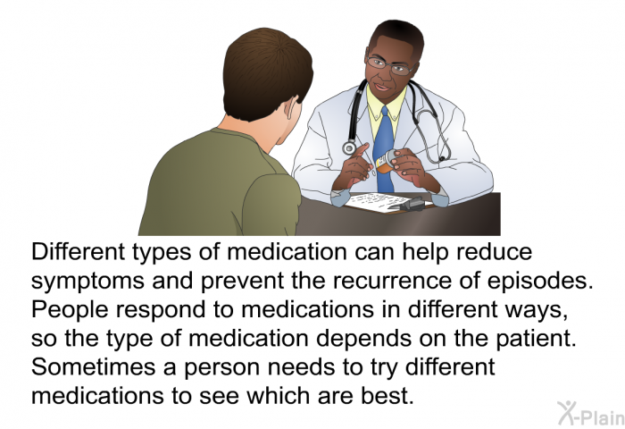 Different types of medication can help reduce symptoms and prevent the recurrence of episodes. People respond to medications in different ways, so the type of medication depends on the patient. Sometimes a person needs to try different medications to see which are best.