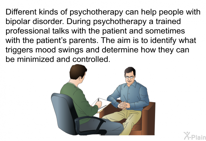 Different kinds of psychotherapy can help people with bipolar disorder. During psychotherapy a trained professional talks with the patient and sometimes with the patient's parents. The aim is to identify what triggers mood swings and determine how they can be minimized and controlled.