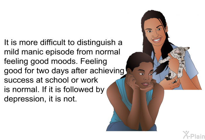 It is more difficult to distinguish a mild manic episode from normal feeling good moods. Feeling good for two days after achieving success at school or work is normal. If it is followed by depression, it is not.