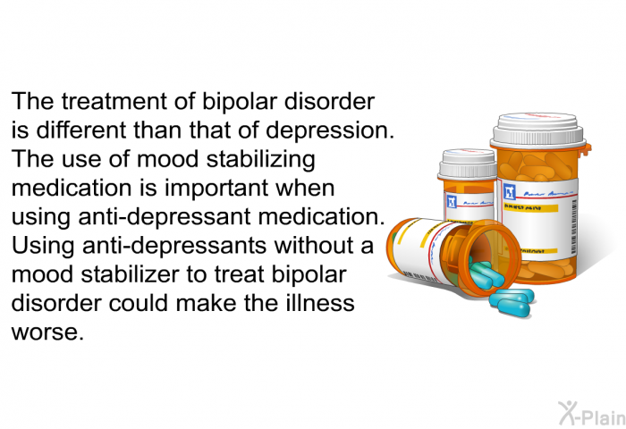 The treatment of bipolar disorder is different than that of depression. The use of mood stabilizing medication is important when using anti-depressant medication. Using anti-depressants without a mood stabilizer to treat bipolar disorder could make the illness worse.