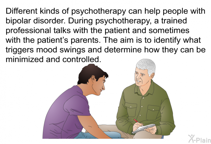 Different kinds of psychotherapy can help people with bipolar disorder. During psychotherapy, a trained professional talks with the patient and sometimes with the patient's parents. The aim is to identify what triggers mood swings and determine how they can be minimized and controlled.