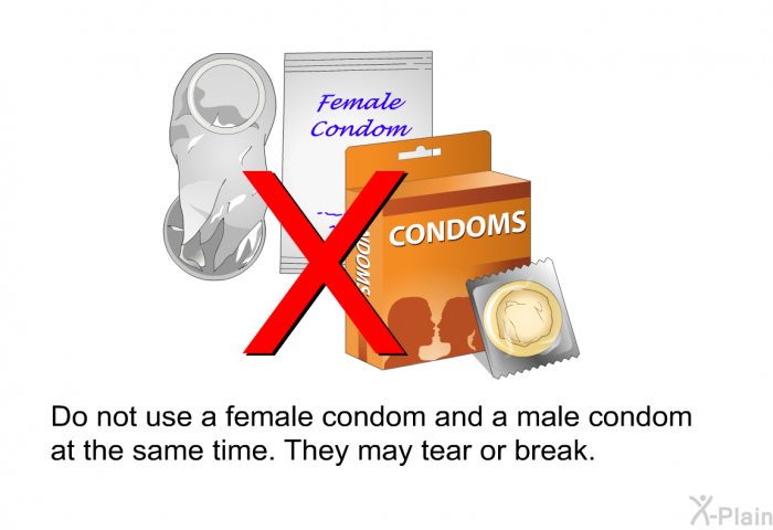 Do not use a female condom and a male condom at the same time. They may tear or break.