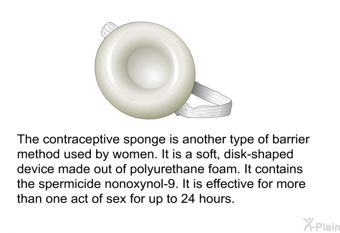 The contraceptive sponge is another type of barrier method used by women. It is a soft, disk-shaped device made out of polyurethane foam. It contains the spermicide nonoxynol-9. It is effective for more than one act of sex for up to 24 hours.