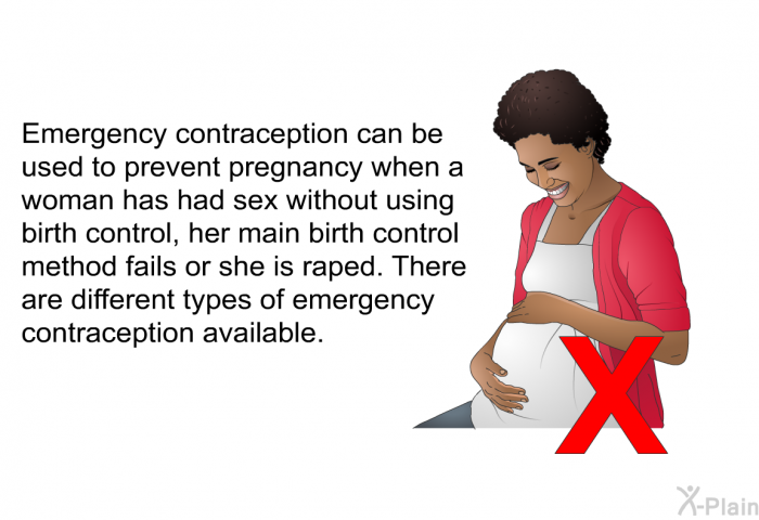 Emergency contraception can be used to prevent pregnancy when a woman has had sex without using birth control, her main birth control method fails or she is raped. There are different types of emergency contraception available.