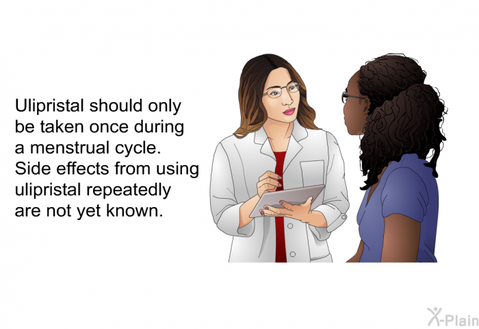 Ulipristal should only be taken once during a menstrual cycle. Side effects from using ulipristal repeatedly are not yet known.