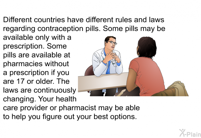 Different countries have different rules and laws regarding contraception pills. Some pills may be available only with a prescription. Some pills are available at pharmacies without a prescription if you are 17 or older. The laws are continuously changing. Your health care provider or pharmacist may be able to help you figure out your best options.