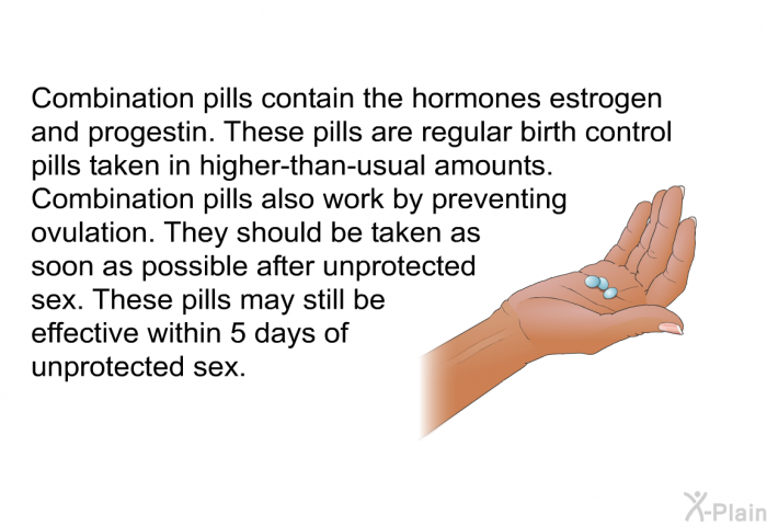 Combination pills contain the hormones estrogen and progestin. These pills are regular birth control pills taken in higher-than-usual amounts. Combination pills also work by preventing ovulation. They should be taken as soon as possible after unprotected sex. These pills may still be effective within 5 days of unprotected sex.