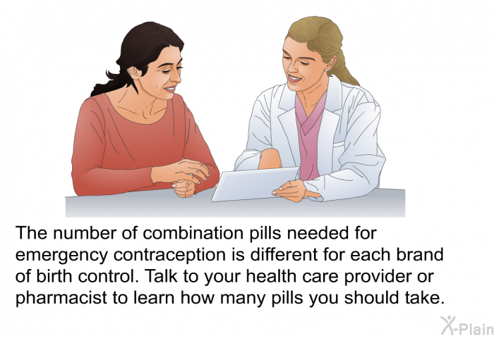 The number of combination pills needed for emergency contraception is different for each brand of birth control. Talk to your health care provider or pharmacist to learn how many pills you should take.