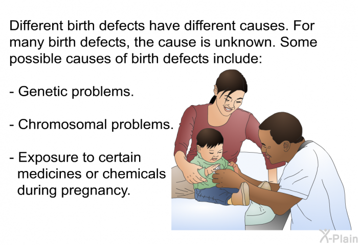 Different birth defects have different causes. For many birth defects, the cause is unknown. Some possible causes of birth defects include:  Genetic problems. Chromosomal problems. Exposure to certain medicines or chemicals during pregnancy.