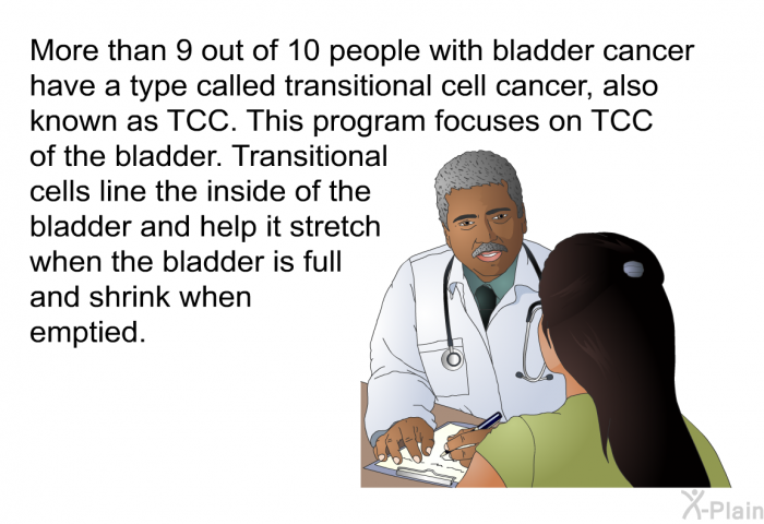 More than 9 out of 10 people with bladder cancer have a type called transitional cell cancer, also known as TCC. This health information focuses on TCC of the bladder. Transitional cells line the inside of the bladder and help it stretch when the bladder is full and shrink when emptied.