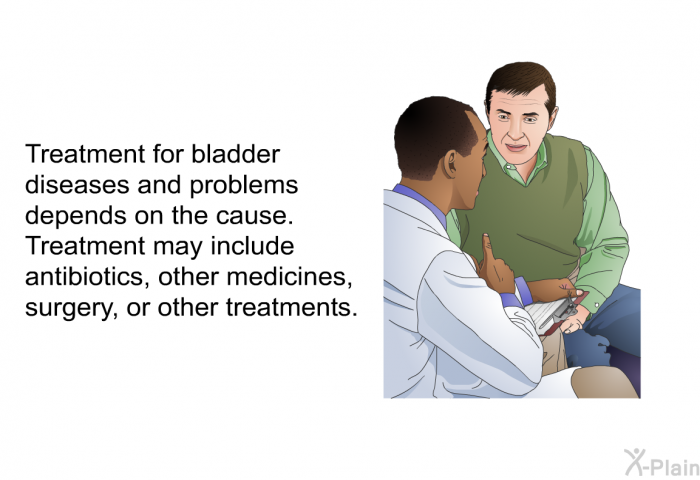 Treatment for bladder diseases and problems depends on the cause. Treatment may include antibiotics, other medicines, surgery, or other treatments.