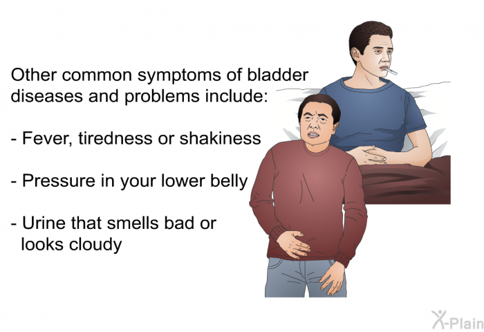 Other common symptoms of bladder diseases and problems include:  Fever, tiredness or shakiness Pressure in your lower belly Urine that smells bad or looks cloudy