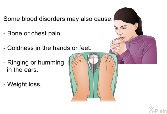 Some blood disorders may also cause:  Bone or chest pain. Coldness in the hands or feet. Ringing or humming in the ears. Weight loss.