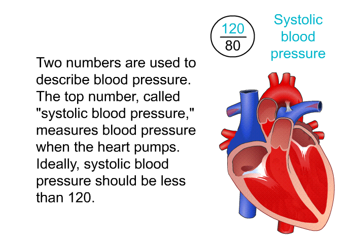 Two numbers are used to describe blood pressure. The top number, called “systolic blood pressure,” measures blood pressure when the heart pumps. Ideally, systolic blood pressure should be less than 120.