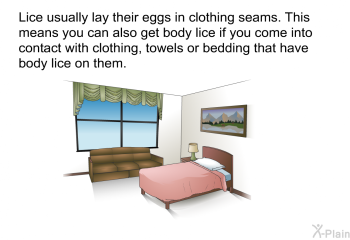 Lice usually lay their eggs in clothing seams. This means you can also get body lice if you come into contact with clothing, towels or bedding that have body lice on them.
