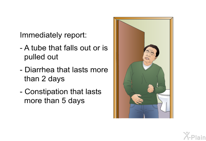 Immediately report:  A tube that falls out or is pulled out Diarrhea that lasts more than 2 days Constipation that lasts more than 5 days
