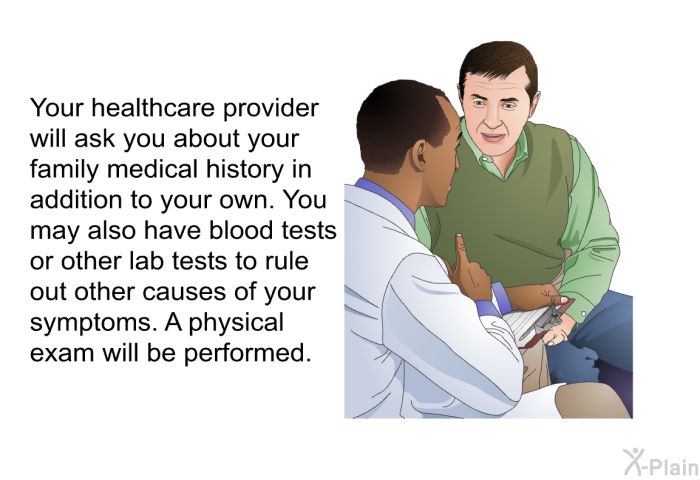 Your healthcare provider will ask you about your family medical history in addition to your own. You may also have blood tests or other lab tests to rule out other causes of your symptoms. A physical exam will be performed.