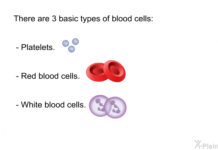 There are 3 basic types of blood cells:  Platelets. Red blood cells. White blood cells.