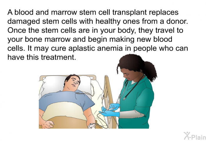 A blood and marrow stem cell transplant replaces damaged stem cells with healthy ones from a donor. Once the stem cells are in your body, they travel to your bone marrow and begin making new blood cells. It may cure aplastic anemia in people who can have this treatment.