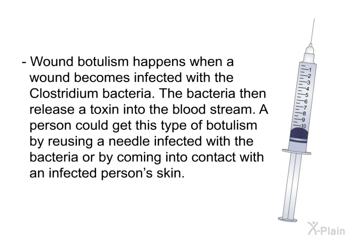 Wound botulism happens when a wound becomes infected with the Clostridium bacteria. The bacteria then release a toxin into the blood stream. A person could get this type of botulism by reusing a needle infected with the bacteria or by coming into contact with an infected person's skin.