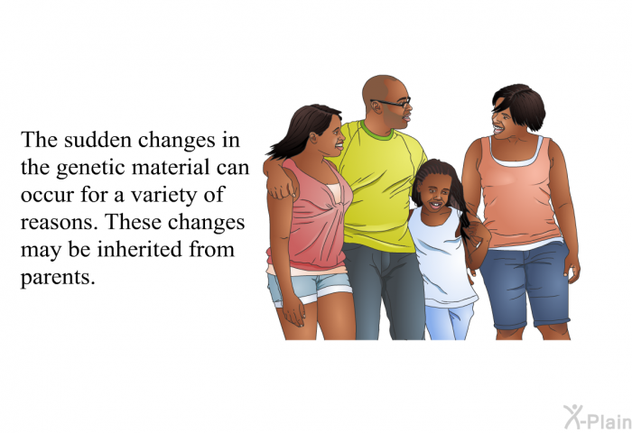 The sudden changes in the genetic material can occur for a variety of reasons. These changes may be inherited from parents.
