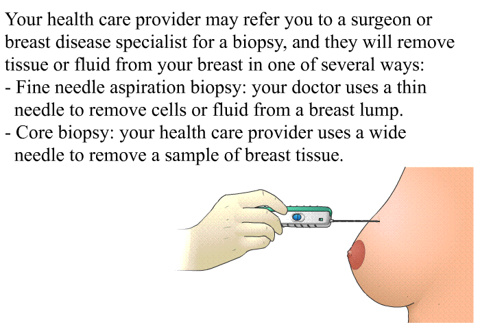 Your health care provider may refer you to a surgeon or breast disease specialist for a biopsy, and they will remove tissue or fluid from your breast in one of several ways:  Fine needle aspiration biopsy: your doctor uses a thin needle to remove cells or fluid from a breast lump. Core biopsy: your health care provider uses a wide needle to remove a sample of breast tissue.