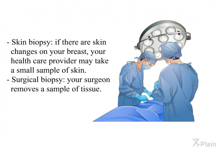 Skin biopsy: if there are skin changes on your breast, your health care provider may take a small sample of skin. Surgical biopsy: your surgeon removes a sample of tissue.