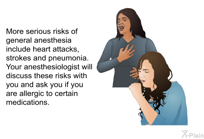 More serious risks of general anesthesia include heart attacks, strokes and pneumonia. Your anesthesiologist will discuss these risks with you and ask you if you are allergic to certain medications.