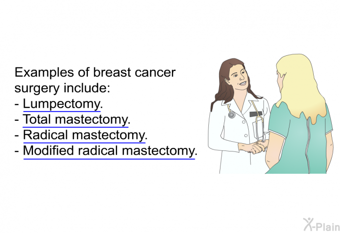 Examples of breast cancer surgery include:  Lumpectomy. Total mastectomy. Radical mastectomy. Modified radical mastectomy.