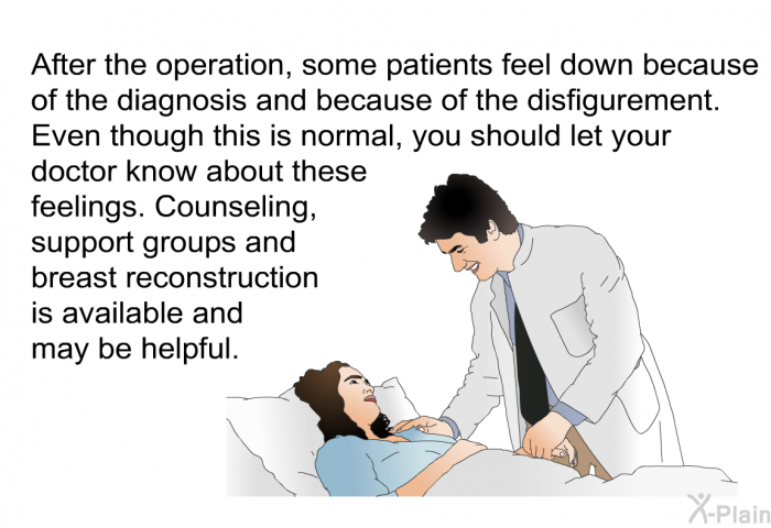 After the operation, some patients feel “down” because of the diagnosis and because of the disfigurement. Even though this is normal, you should let your doctor know about these feelings. Counseling, support groups and breast reconstruction is available and may be helpful.
