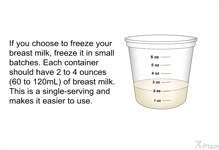 If you choose to freeze your breast milk, freeze it in small batches. Each container should have 2 to 4 ounces (60 to 120mL) of breast milk. This is a single-serving and makes it easier to use.