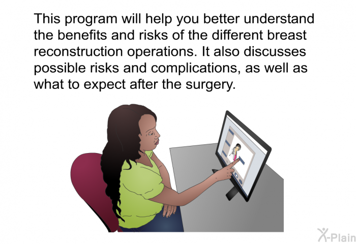 This health information will help you better understand the benefits and risks of the different breast reconstruction operations. It also discusses possible risks and complications, as well as what to expect after the surgery.