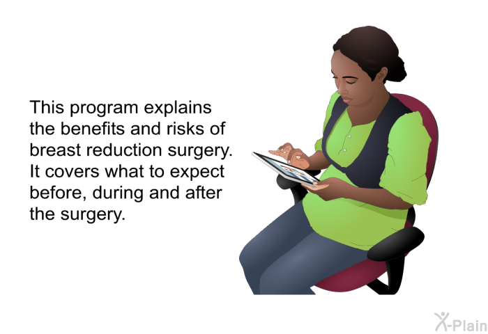 This health information explains the benefits and risks of breast reduction surgery. It covers what to expect before, during and after the surgery.