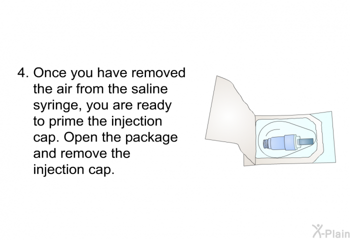 Once you have removed the air from the saline syringe, you are ready to prime the injection cap. Open the package and remove the injection cap.