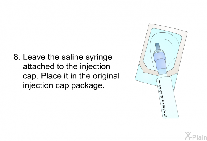 Leave the saline syringe attached to the injection cap. Place it in the original injection cap package.