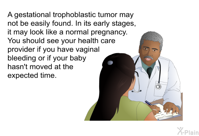 A gestational trophoblastic tumor may not be easily found. In its early stages, it may look like a normal pregnancy. You should see your health care provider if you have vaginal bleeding or if your baby hasn't moved at the expected time.