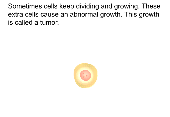 Sometimes cells keep dividing and growing. These extra cells cause an abnormal growth. This growth is called a tumor.
