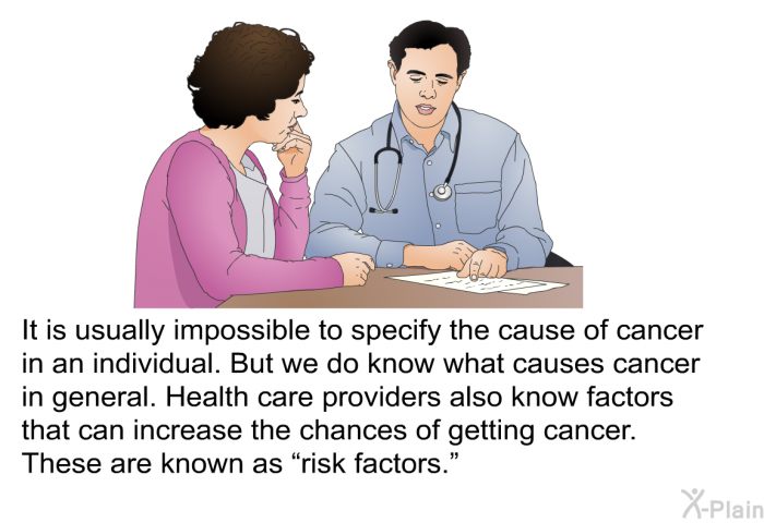 It is usually impossible to specify the cause of cancer in an individual. But we do know what causes cancer in general. Health care providers also know factors that can increase the chances of getting cancer. These are known as “risk factors.”