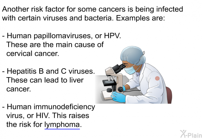 Another risk factor for some cancers is being infected with certain viruses and bacteria. Examples are:  Human papillomaviruses, or HPV. These are the main cause of cervical cancer. Hepatitis B and C viruses. These can lead to liver cancer. Human immunodeficiency virus, or HIV. This raises the risk for lymphoma.