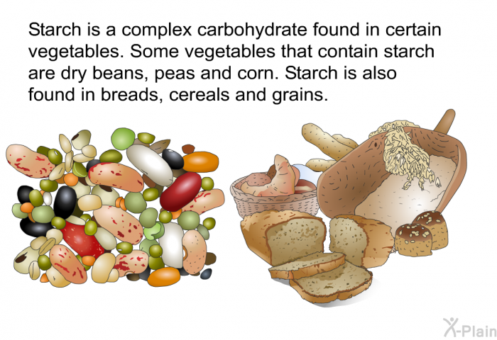 Starch is a complex carbohydrate found in certain vegetables. Some vegetables that contain starch are dry beans, peas and corn. Starch is also found in breads, cereals and grains.