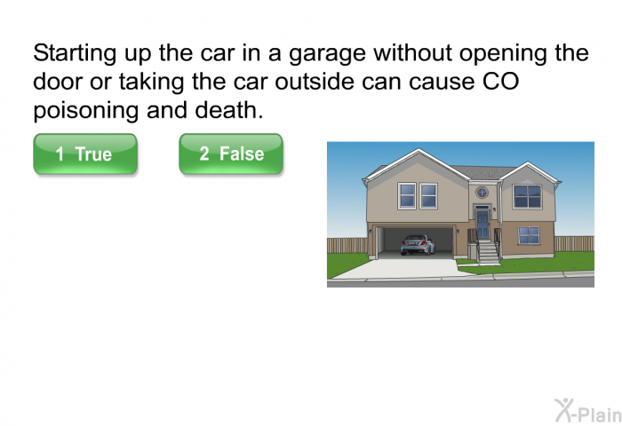 Starting up the car in a garage without opening the door or taking the car outside can cause CO poisoning and death. Select True or False.