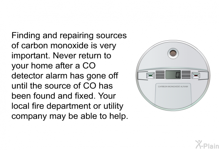 Finding and repairing sources of carbon monoxide is very important. Never return to your home after a CO detector alarm has gone off until the source of CO has been found and fixed. Your local fire department or utility company may be able to help.