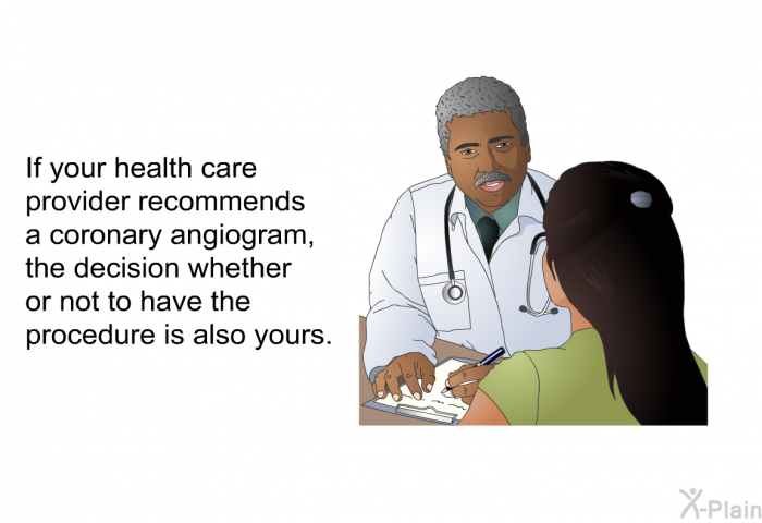 If your health care provider recommends a coronary angiogram, the decision whether or not to have the procedure is also yours.
